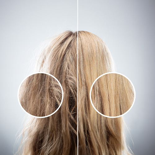 Comparação de cabelo loiro antes e depois de tratamento: à esquerda, fios ressecados e embaraçados; à direita, fios lisos e saudáveis, destacados por círculos.