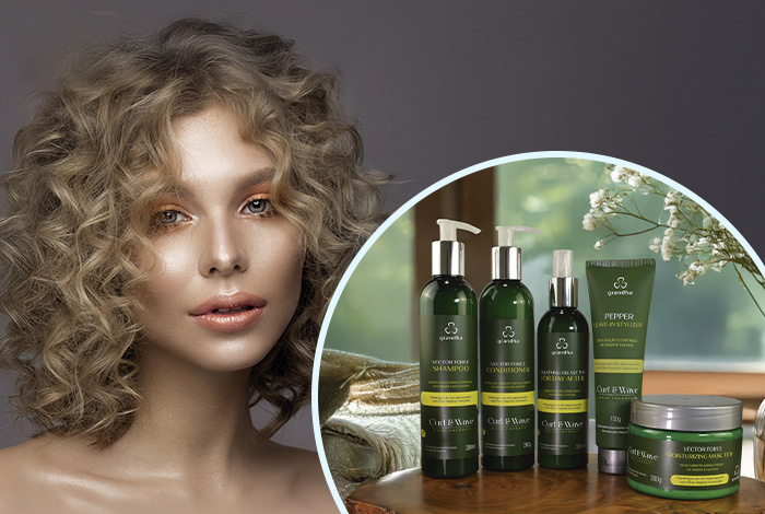 Una mujer con el pelo rizado bien definido junto a productos capilares de la gama Curl & Wave Hair Therapy, resaltados en un círculo.
